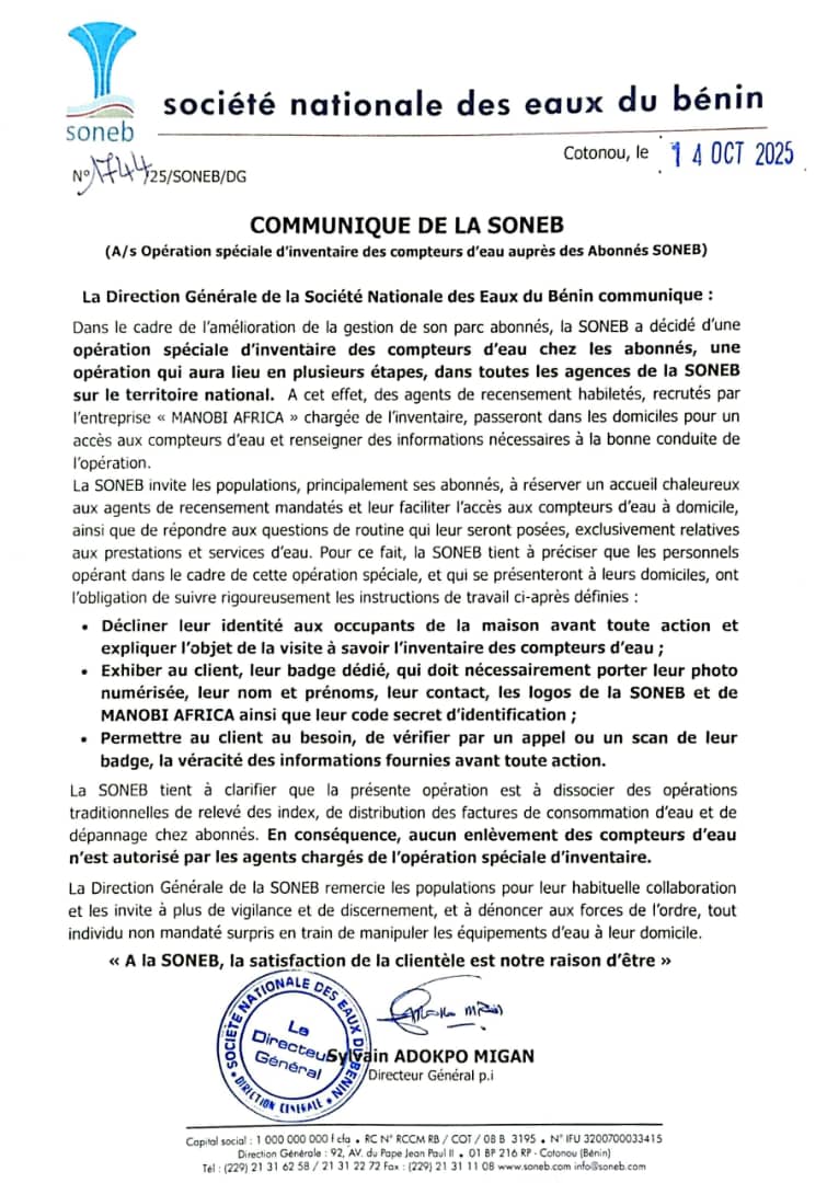 Communiqué de la SONEB